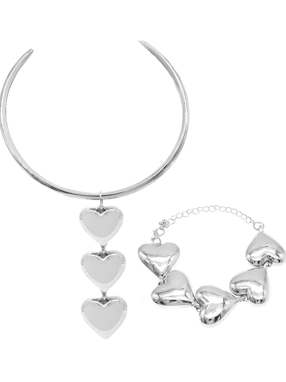 Silver Heart Pendant Collar Necklace and Heart Link Bracelet Set